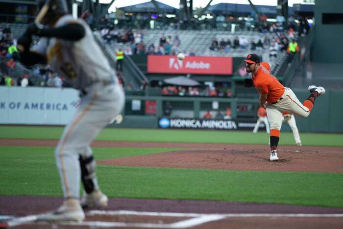 San Francisco Giants' Joey Bart (21) hits a ground rule double during the  second inning of a baseball game against the Miami Marlins, Monday, April  17, 2023, in Miami. (AP Photo/Lynne Sladky