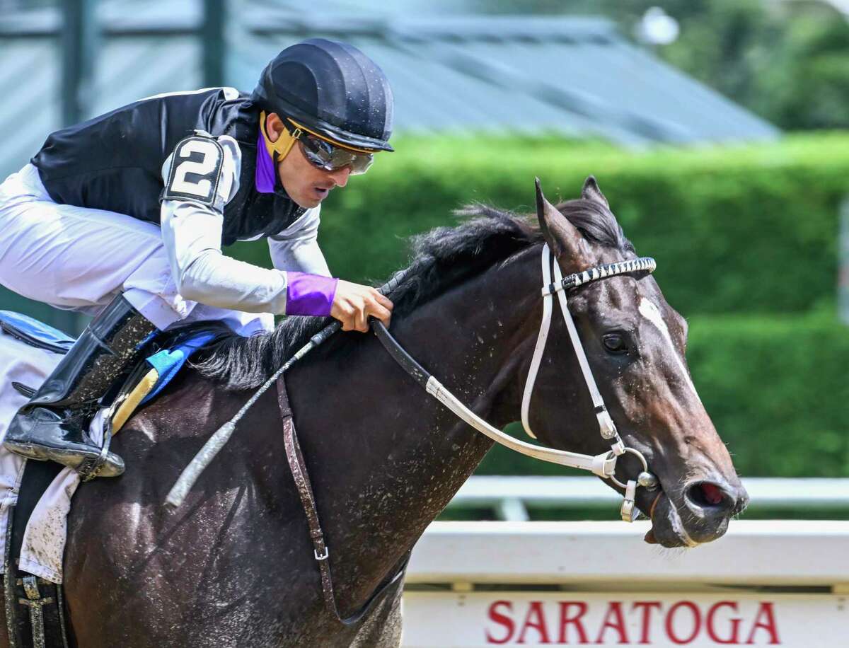Jockey Gabriel Saez guides Damon's Mound to win the 117th running of the Saratoga Special, a Grade II race at Saratoga Race Course on Saturday, Aug. 13, 2022.