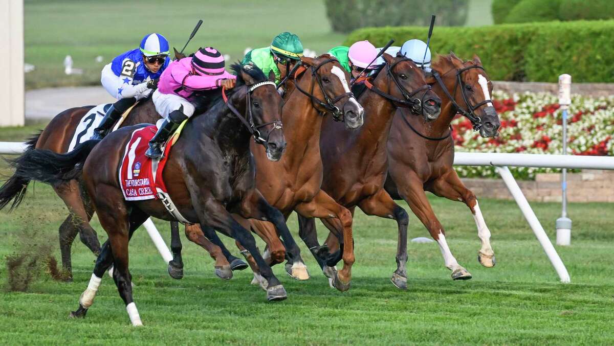 The field for the 38th running of the Fourstardave heads to the finish line at Saratoga Race Course. Casa Creed (1) was the eventual winner on Saturday, Aug. 13, 2022.