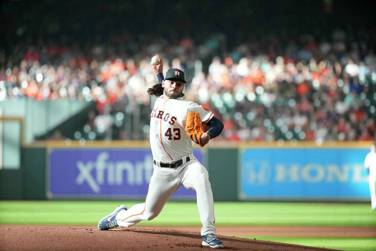 Houston Astros starting pitcher Lance McCullers Jr. (43) pitches during the first inning of an MLB game at Minute Maid Park on Saturday, Aug. 13, 2022 in Houston.