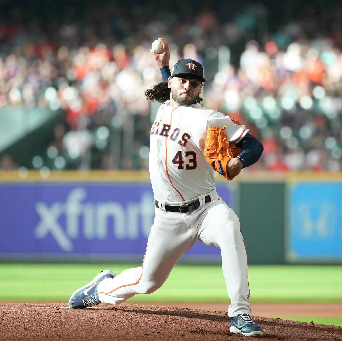 Houston Astros starting pitcher Lance McCullers Jr. (43) pitches to Oakland Athletics Sean Murphy during the first inning of an MLB game at Minute Maid Park on Saturday, Aug. 13, 2022 in Houston.