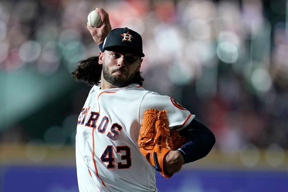 Houston Astros starting pitcher Lance McCullers Jr. delivers during the first inning of a baseball game against the Oakland Athletics, Saturday, Aug. 13, 2022, in Houston.