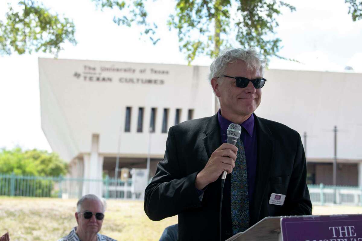 Conservation Society of San Antonio Executive Director Vincent Michael speaks during a Saturday announcement of the society’s plans to seek state and national historical designations for the Institute of Texan Cultures.