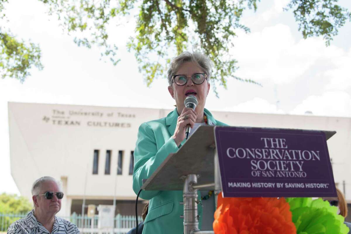 Conservation Society of San Antonio President Kathy Rhoads announces the society’s plans to prepare nominations of the Institute of Texan Cultures to the National Register of Historic Places and as a State Antiquities Landmark.