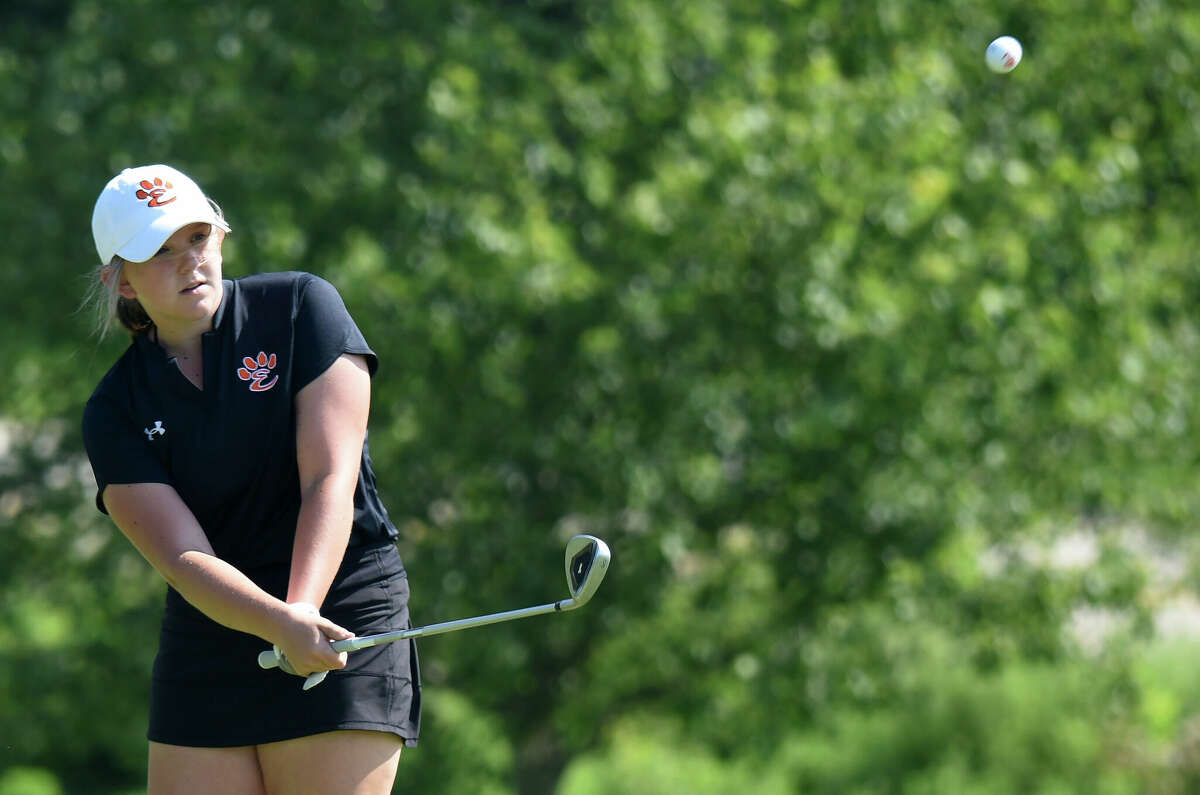 Edwardsville's Emma Holt hits a shot during the Alton Kickoff Scramble on Saturday at Rolling Hills Golf Course in Godfrey.