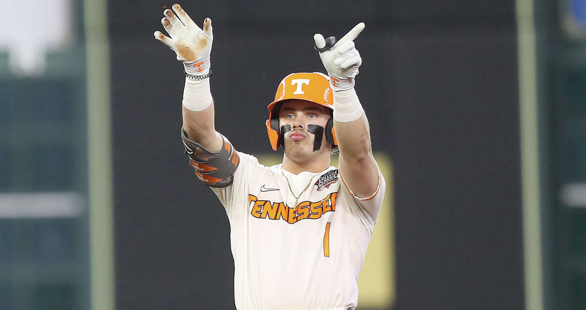 Tennessee outfielder Drew Gilbert (1) reacts to getting on second against Baylor during the Shriners Children's College Classic at Minute Maid Park on Saturday, March 5, 2022 in Houston .