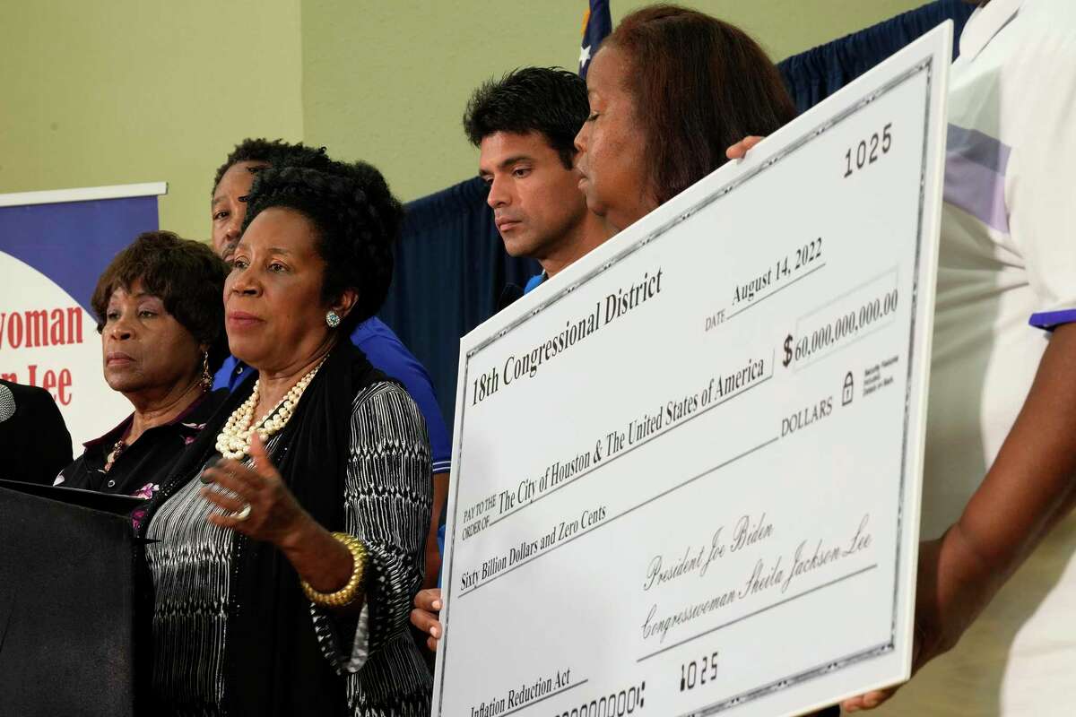 Congresswoman Sheila Jackson Lee surrounded by Houston neighborhoods community leaders announce major federal funding to fight environmental injustice in inner city neighborhoods, Sunday, Aug. 14, 2022, in Houston. The meeting and press conference took place at the Trinity Gardens Church of Christ in Trinity Gardens.