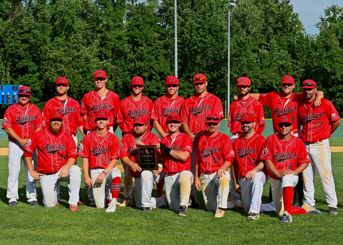 The 2022 AABC Stan Musial Northeast World Series champion Albany Athletics pose following their Sunday sweep of the Terryville Black Sox in the championship round in Waterbury, Conn. The Athletics also won titles in 2012 and 2016.