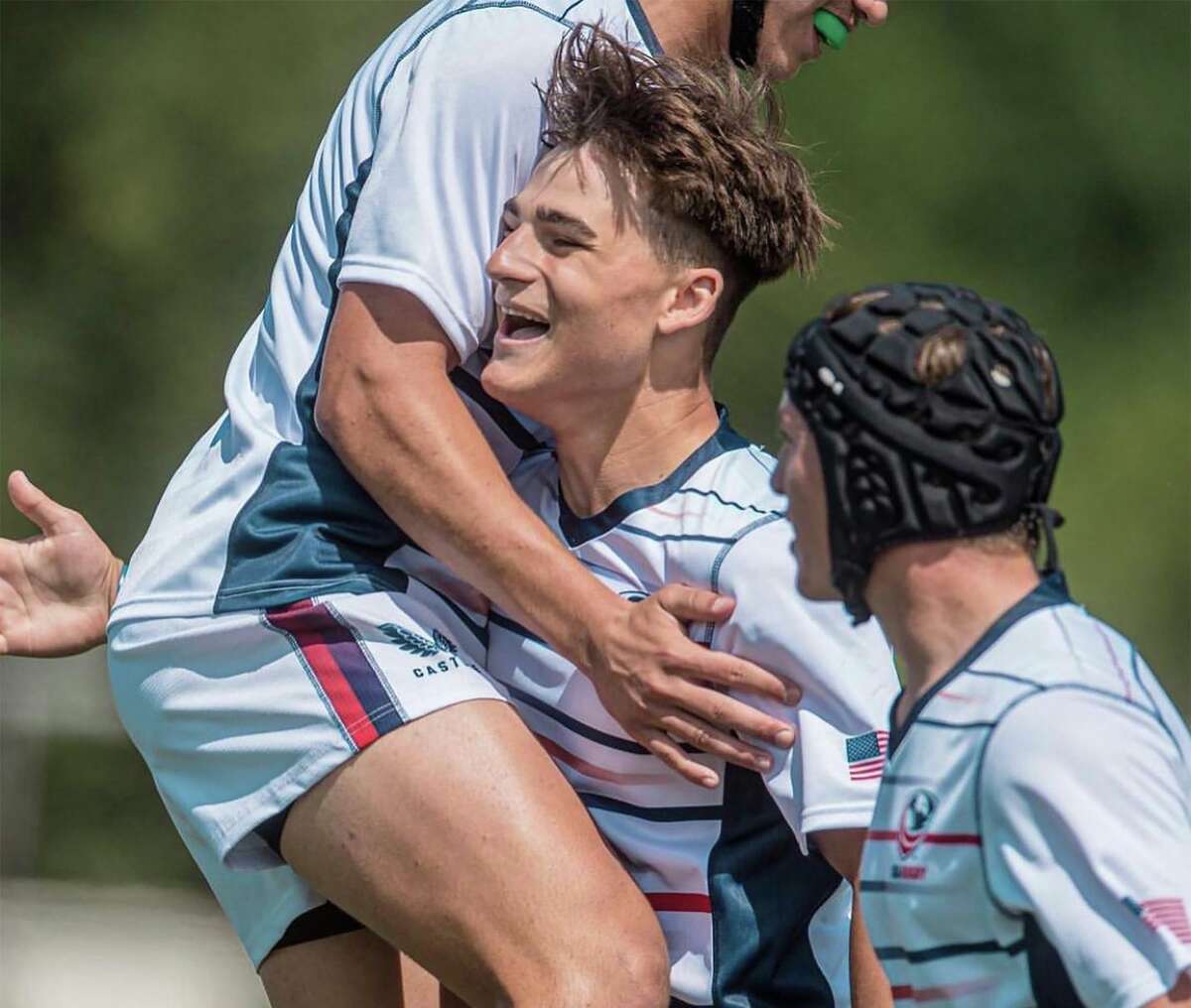 Trumbull’s Corbin Smith and his teammates on the USA U-18 rugby team celebrate during their win over Belgium on the Corendon Tour in Amsterdam on July 16.