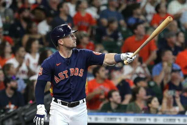 HOUSTON, TEXAS - AUGUST 14: Alex Bregman #2 of the Houston Astros hits a two run home run in the first inning against the Oakland Athletics at Minute Maid Park on August 14, 2022 in Houston, Texas. (Photo by Bob Levey/Getty Images)