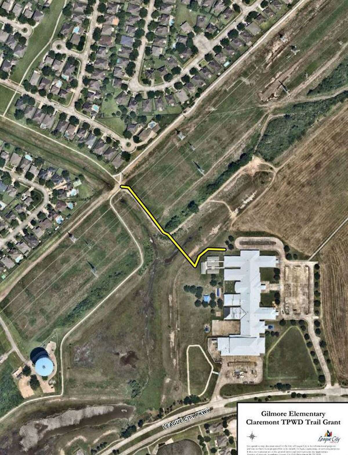 This aerial view shows the projected path of a hike-and-bike trail that will connect League City's Gilmore Elementary School to the Claremont Connector Trail.
