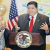 Illinois Govenor J.B. Pritzker talks at a ceremony held in Alton Monday where it was announced that Edwardsville would receive a Rebuild Illinois Downtowns and Main Streets Capital grant for more than $2.8 million for water, sewer and streetscape improvements on Main Street.