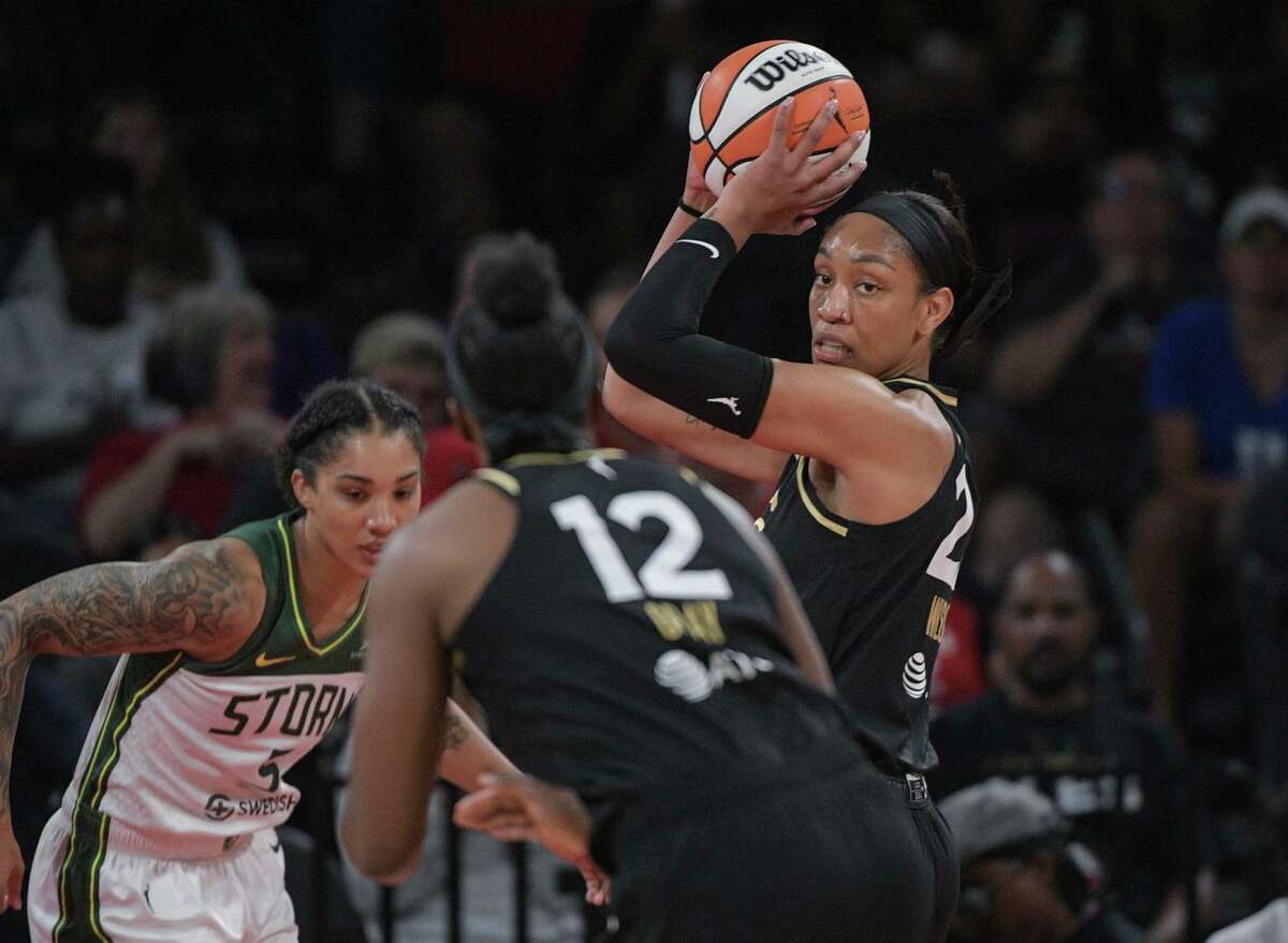 Forward A’ja Wilson (right) leads a Las Vegas team that will host a best-of-three series in the upcoming quarterfinals, an unprecedented task for the league’s top seed.