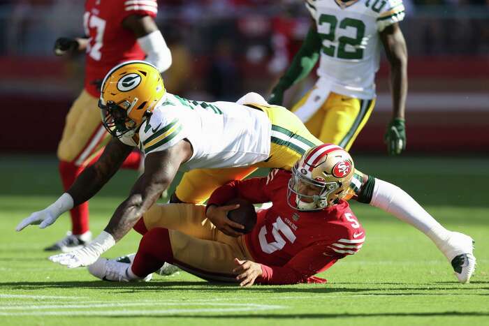 San Francisco 49ers offensive lineman Colton McKivitz (68) blocks during an  NFL preseason football game against the Green Bay Packers, Friday, Aug. 12,  2022, in Santa Clara, Calif. (AP Photo/Scot Tucker Stock