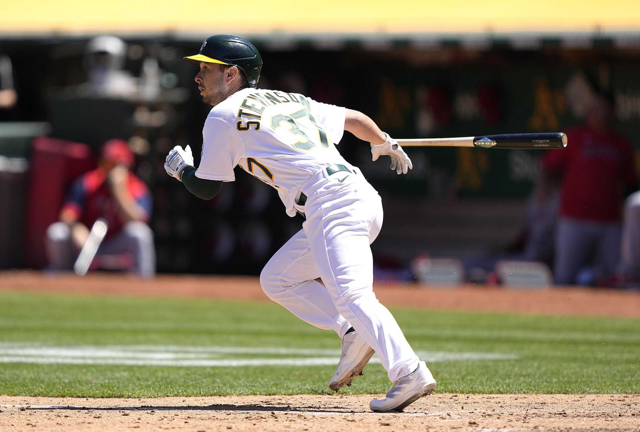 Cal Stevenson of the Oakland Athletics bats during the fifth