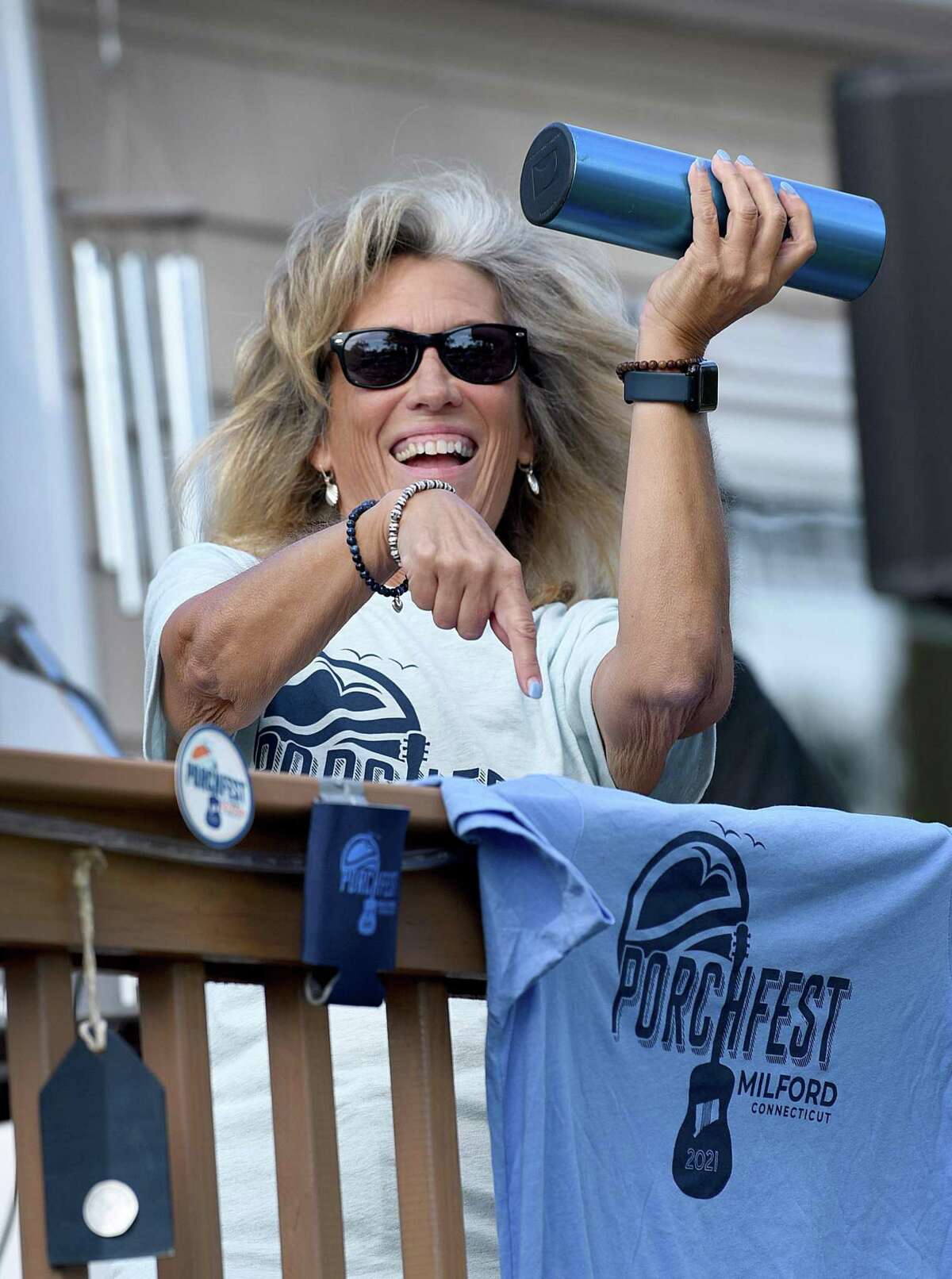 Wendy Terenzio puts in a plug for Milford Porch Fest Saturday, Oct. 2, 2021 in Milford, CT. The third annual PorchFest is set for Oct. 1, 2022.
