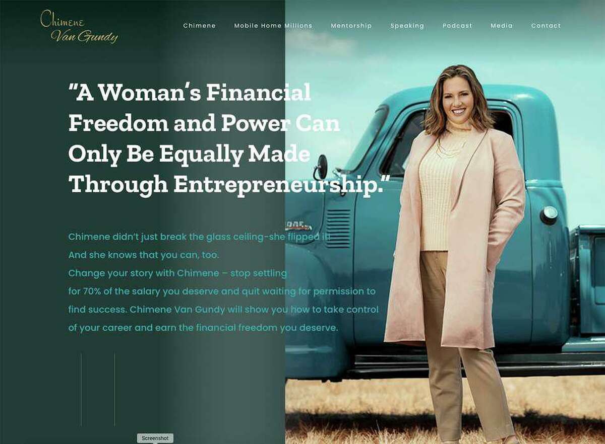 A screen shot of Chimene Van Gundy’s website before it was taken down. She promoted investing in mobile homes before she was sued multiple times and filed for bankruptcy in April.