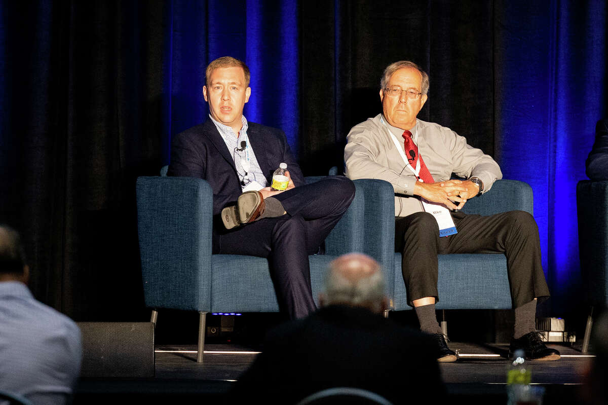Dr. Markus Drouven with US Dept of Energy, and Mike Hightower with New Mexico Produced Water Research Consortium participate in a panel discussion at the Produced Water Society Permian Basin conference August 16, 2022 at Horseshoe Pavilion. Photo Credit: The Oilfield Photographer, Inc.