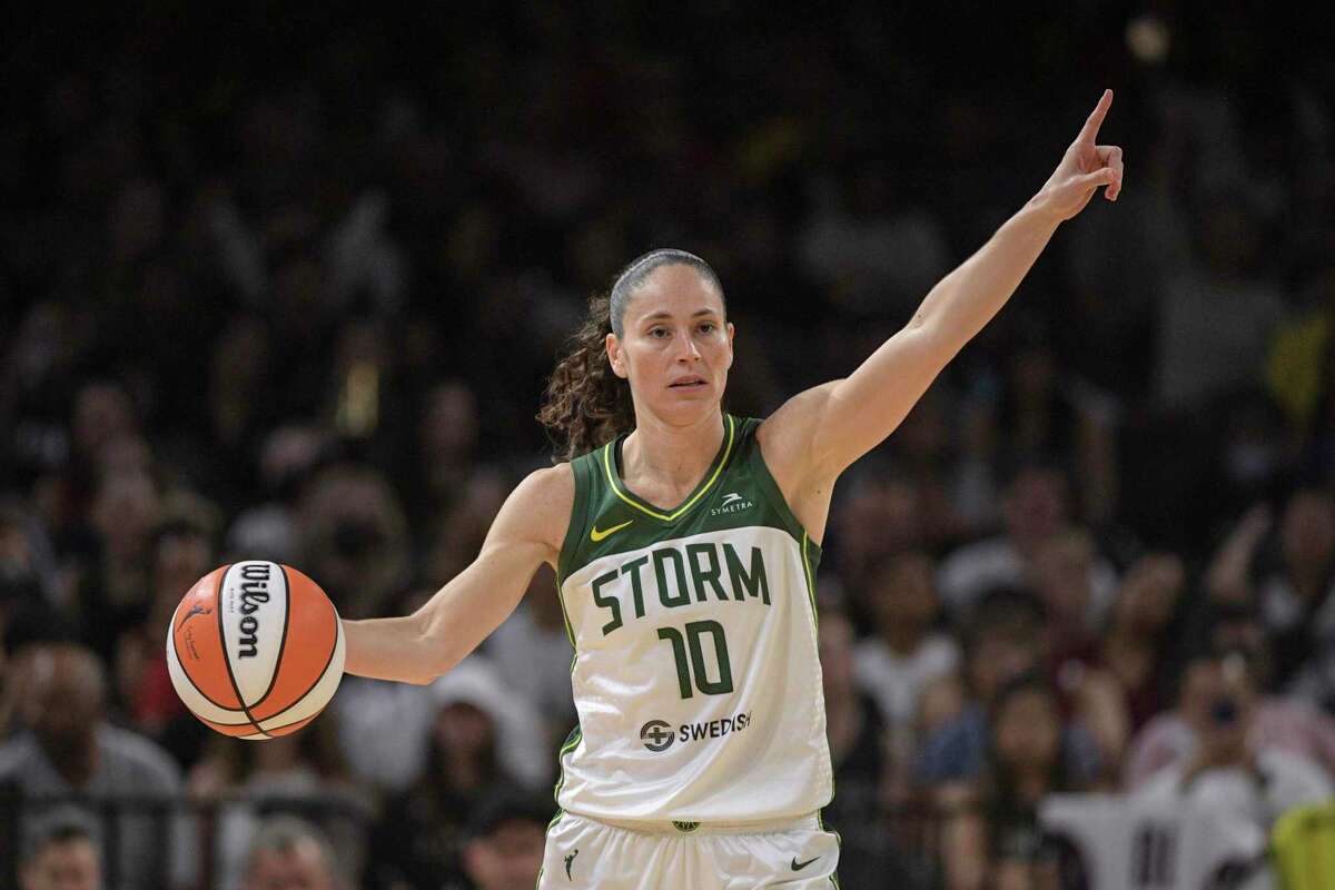 Seattle Storm guard Sue Bird (10) directs teammates during the second half of a WNBA game against the Las Vegas Aces, Sunday, Aug. 14, 2022, in Las Vegas. (AP Photo/Sam Morris)