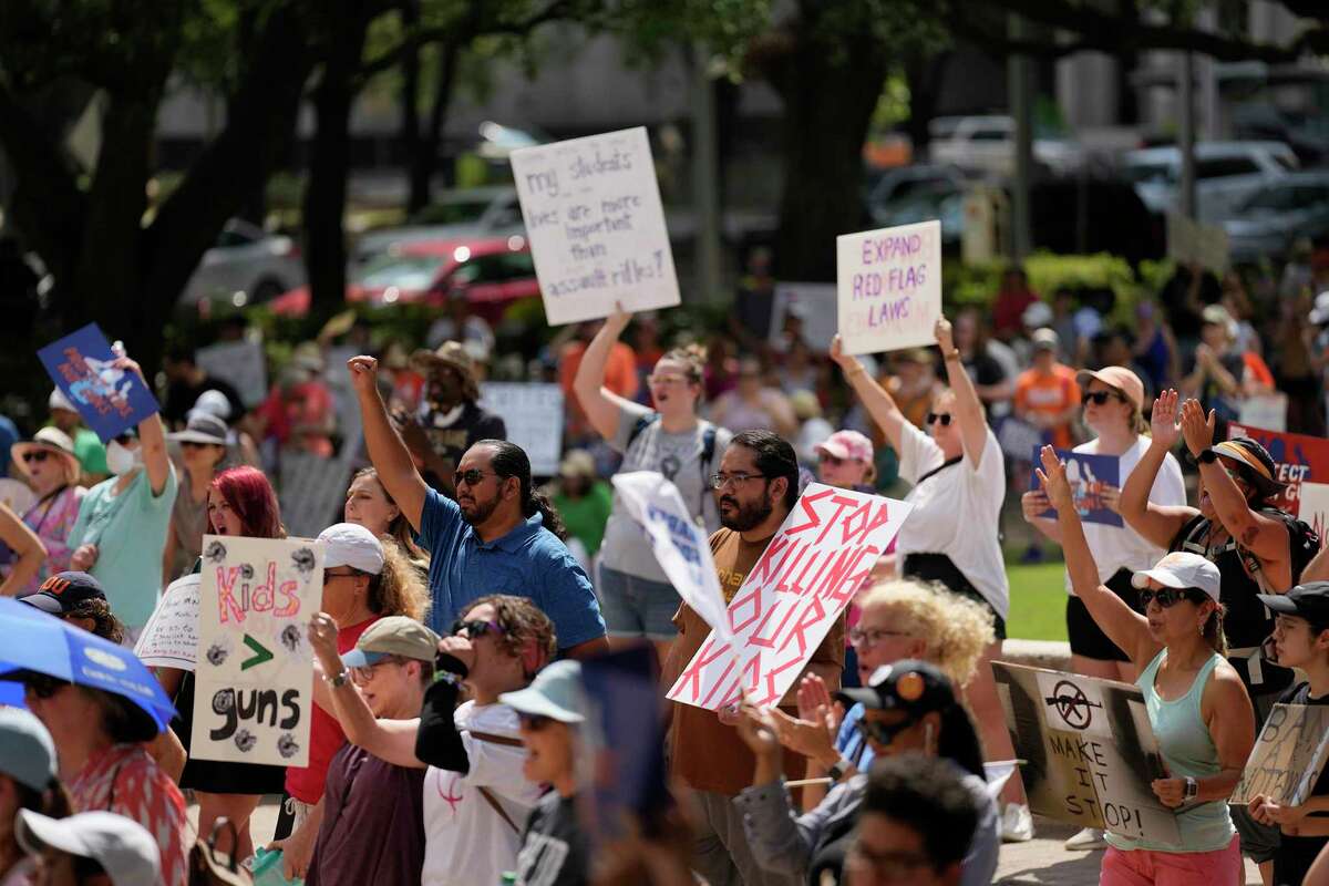 Hundreds gather at Houston City Hall to attend a student-led March For Our Lives rally, Saturday, June 11, 2022, in Houston. The rally pushes for meaningful reform to end gun violence.
