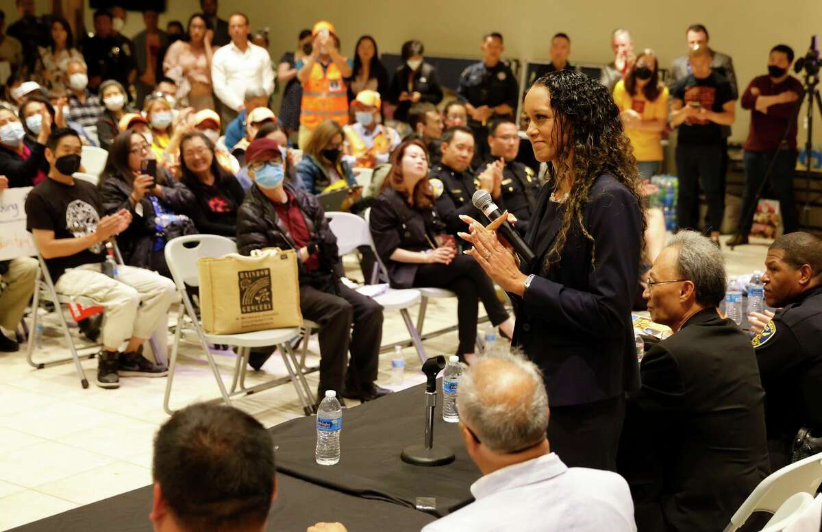 S.F. District Attorney Brooke Jenkins speaks during a town hall in wake of recent violence toward Asian American elderlies in the Chinatown neighborhood of San Francisco, Calif. Tuesday, Aug. 16, 2022.