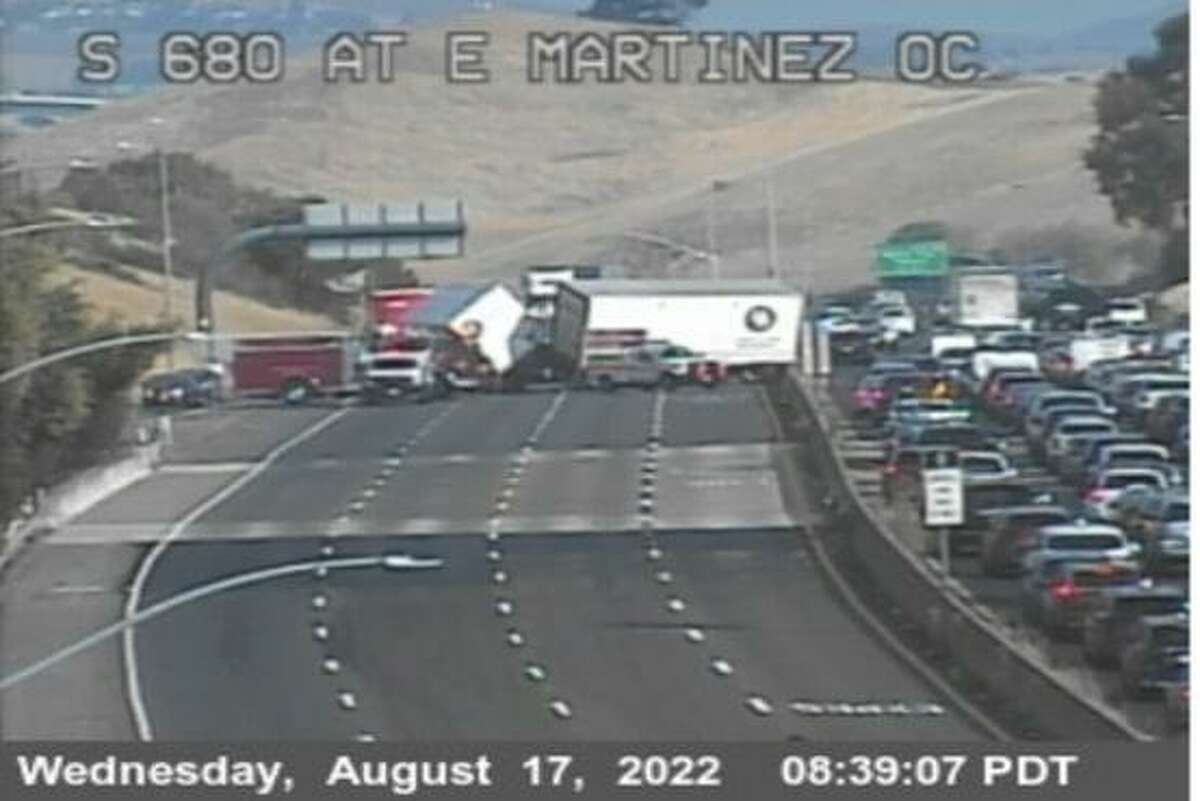 All southbound lanes of Interstate 680 were closed along with a single northbound lane after a multiple-vehicle crash that caused a big-rig to jack-knife and spill diesel fuel on the roadway, authorities said.