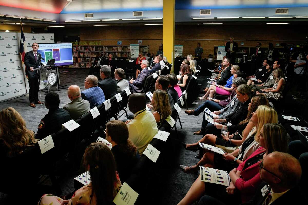 Texas Education Agency Commissioner Mike Morath speaks during press conference Monday, Aug. 15, 2022, at Nitsch Elementary School in Houston. The agency released its school accountability ratings. The school excelled with growth in key metrics.