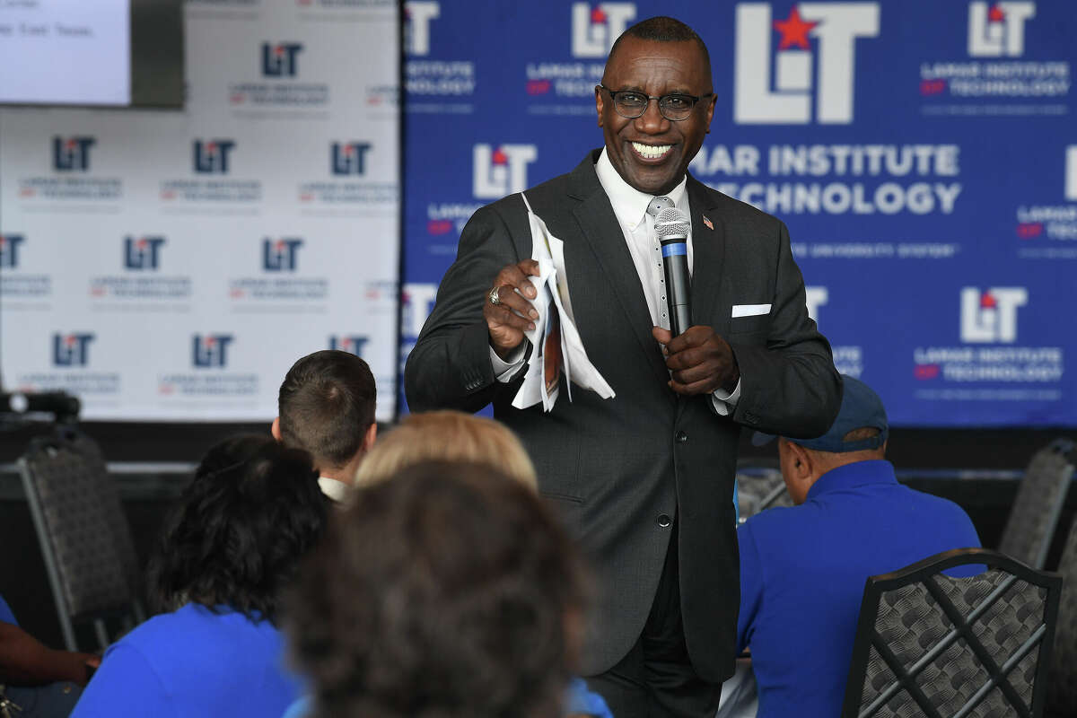 Outgoing president Lonnie Howard addresses the crowd during Lamar Institute of Technology's convocation at the Event Centre Wednesday. Photo made Wednesday, August 17, 2022 Kim Brent/Beaumont Enterprise