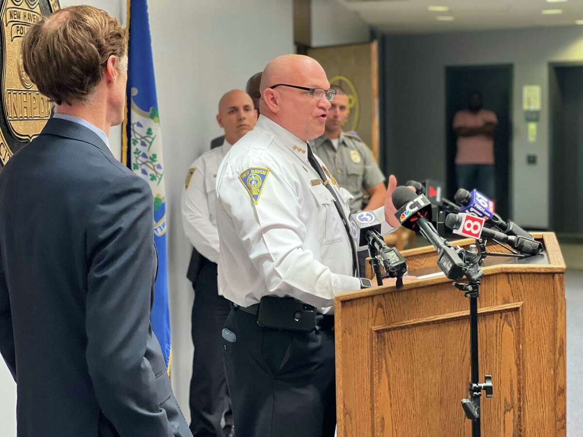 New Haven officials provided an update on violence and policing efforts in the city Wednesday. Here, Police Chief Karl Jacobson speaks.