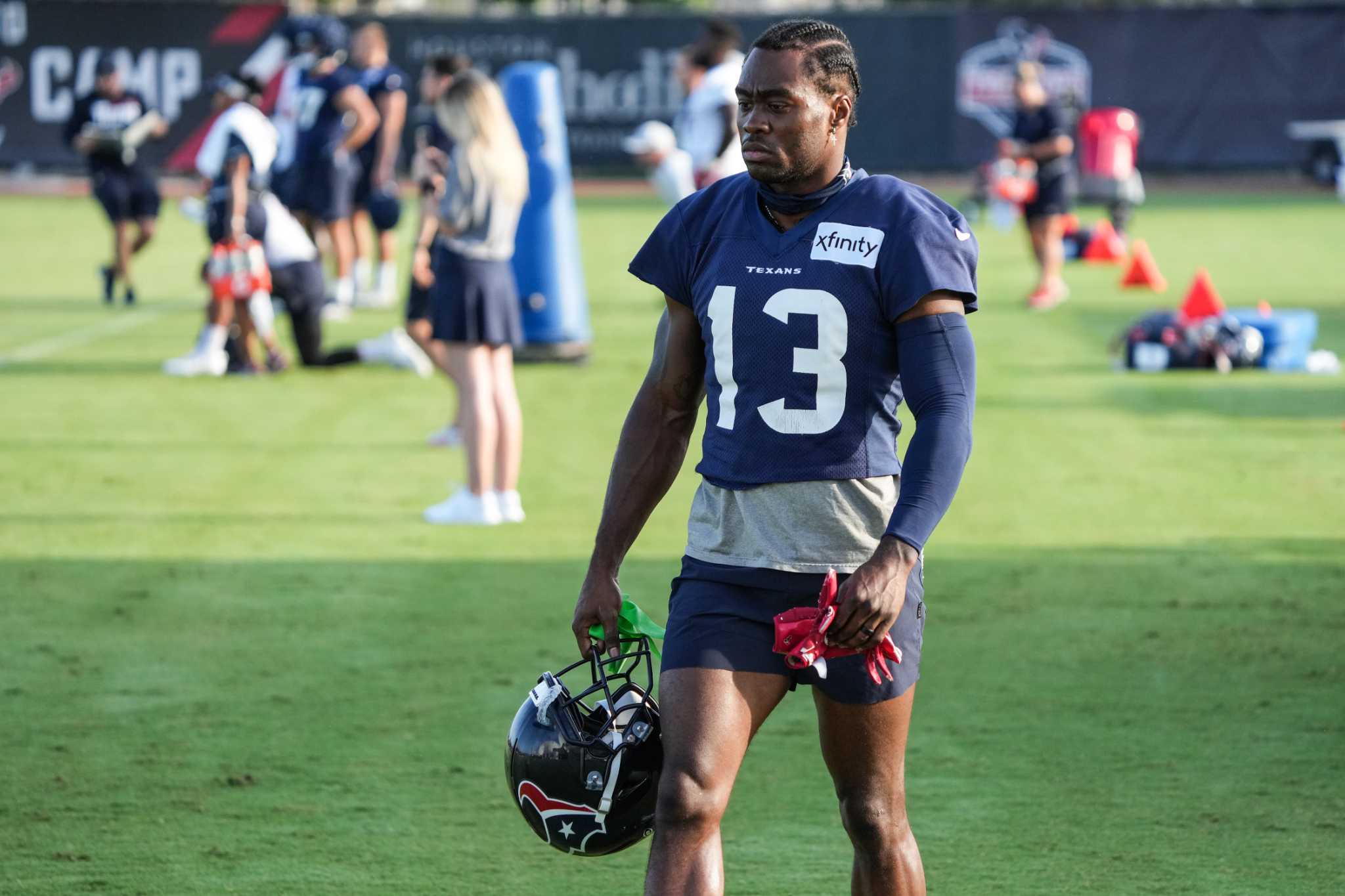 Houston Texans wide receiver Brandin Cooks (13) runs the ball upfield  during NFL football training camp, Thursday, Aug. 20, 2020, in Houston.  (Brett Coomer/Houston Chronicle via AP, Pool Stock Photo - Alamy