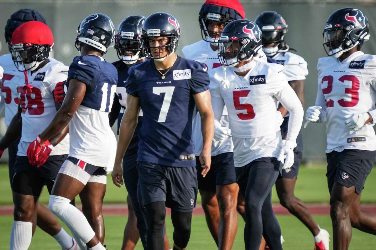 Houston Texans kicker Ka'imi Fairbairn (7) walks up the field after running a kick off during an NFL training camp Wednesday, Aug. 17, 2022, in Houston.