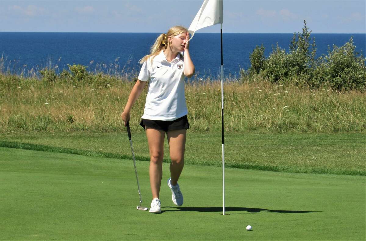 FILE - Manistee sophomore Sarah Huber is left in disgust after missing a putt during a match against Kalkaska at Manistee Golf and Country Club on Aug. 17.