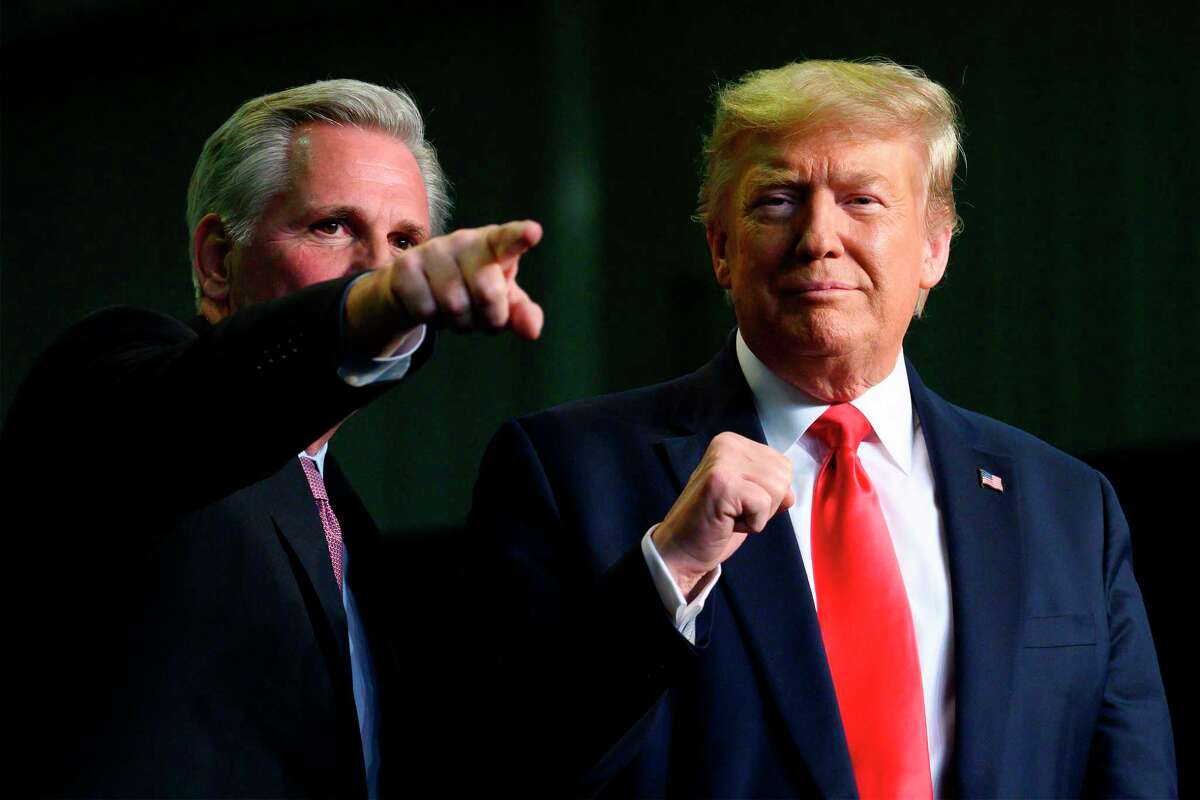 President Donald Trump, right, gestured next to U.S. House Minority Leader Kevin McCarthy during a joint appearance in 2020.