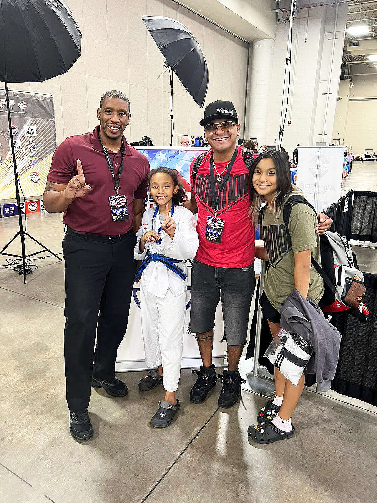 Drake Jeffero, Lillie Jeffero,  Demetrius Quesada (owner South Tejas Taekwondo), and Jordan Quesada his daughter and one of Lillie’s trainers following a workout.