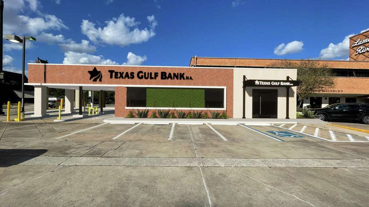 A rendering shows a new branch location planned by Texas Gulf Bank at River Oaks Boulevard and Westheimer in the River Oaks neighborhood. The full-service branch will open in the fall after renovations.
