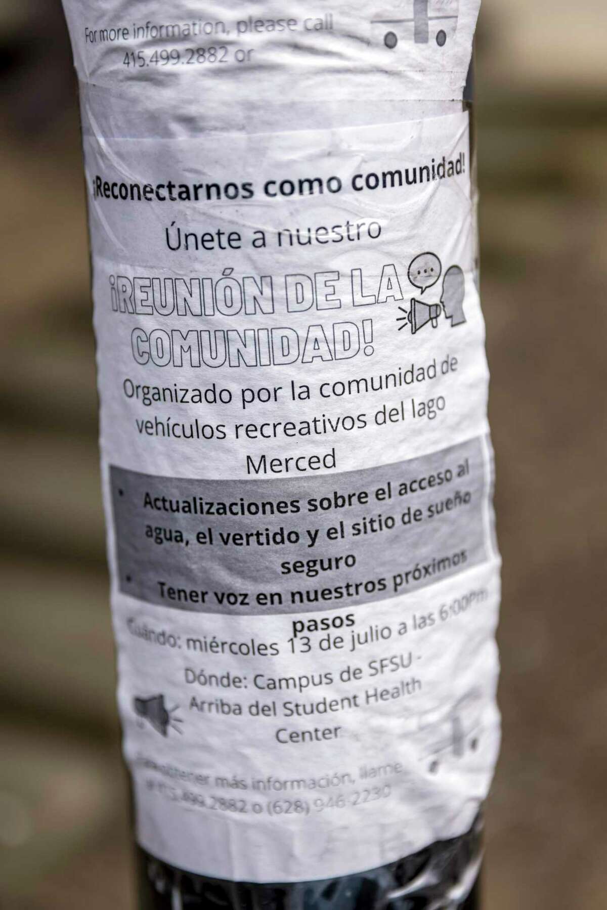 A flyer in Spanish is addressed to members of the RV community along Lake Merced in San Francisco.