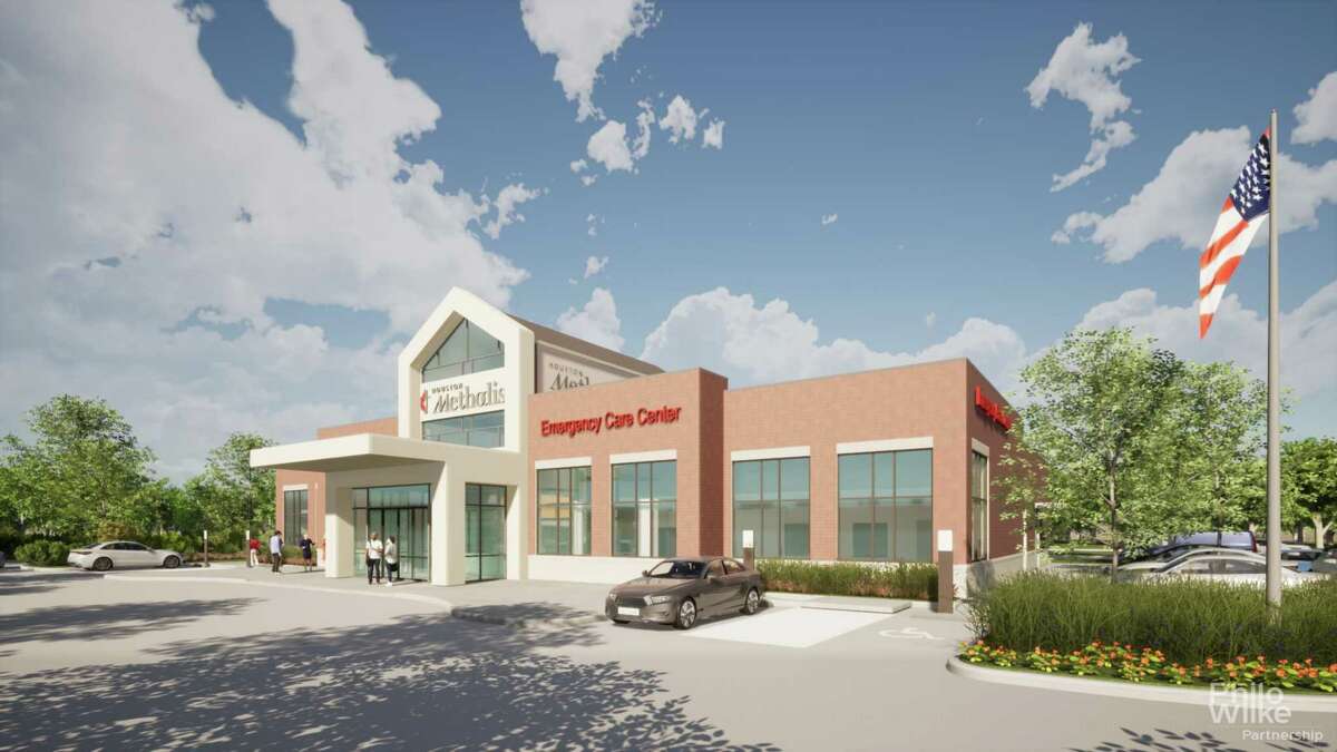 A rendering shows the exterior of the Houston Methodist Emergency Care Center, scheduled to open in early 2023 at 1310 E. League City Parkway.