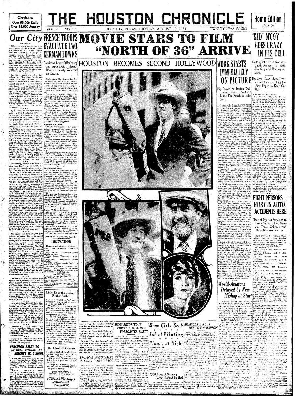 Houston Chronicle front page for Aug. 19, 1924.