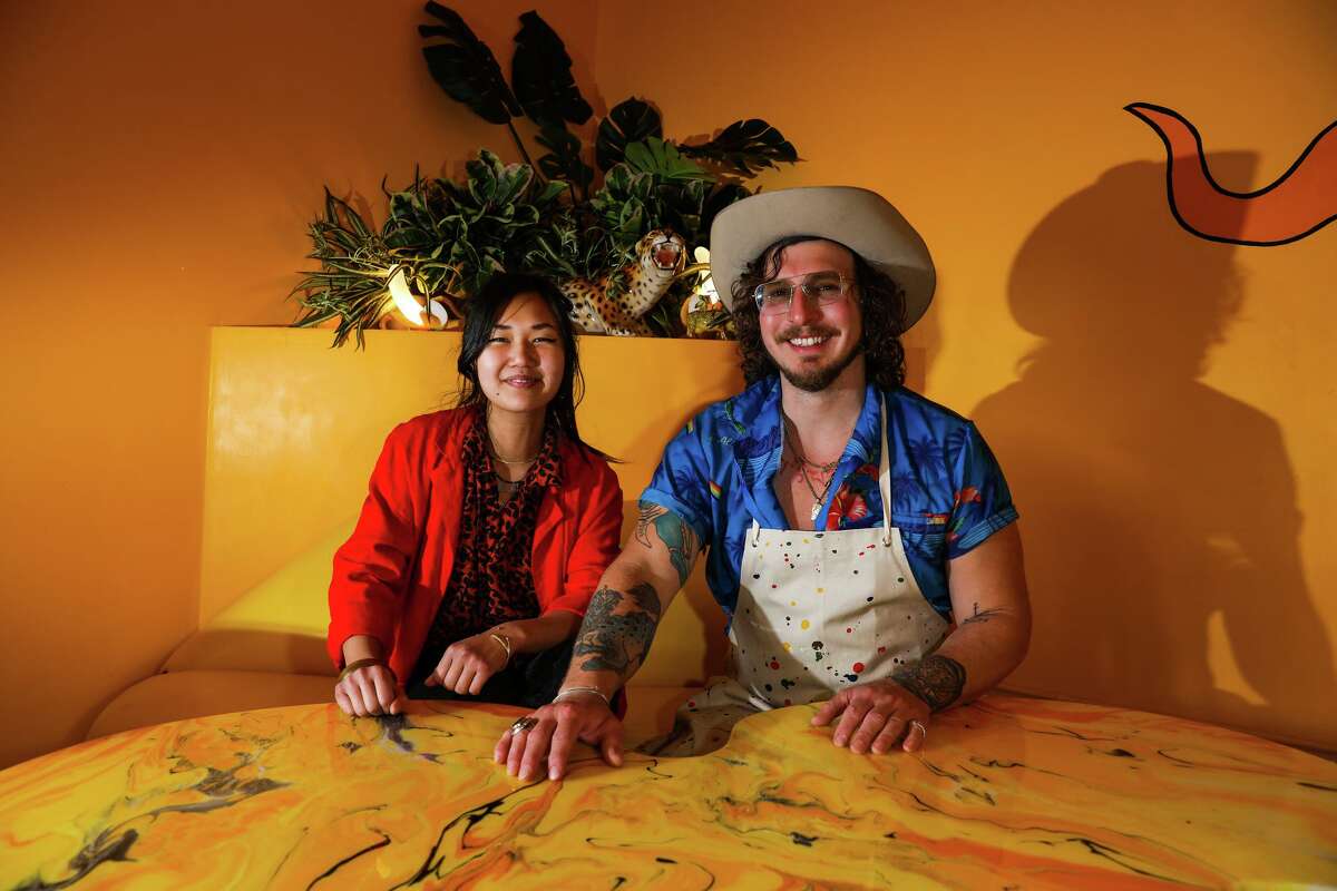 Owners Kayla Abe (left) and David Murphy at Shuggie’s Trash Pie + Natural Wine in S.F.