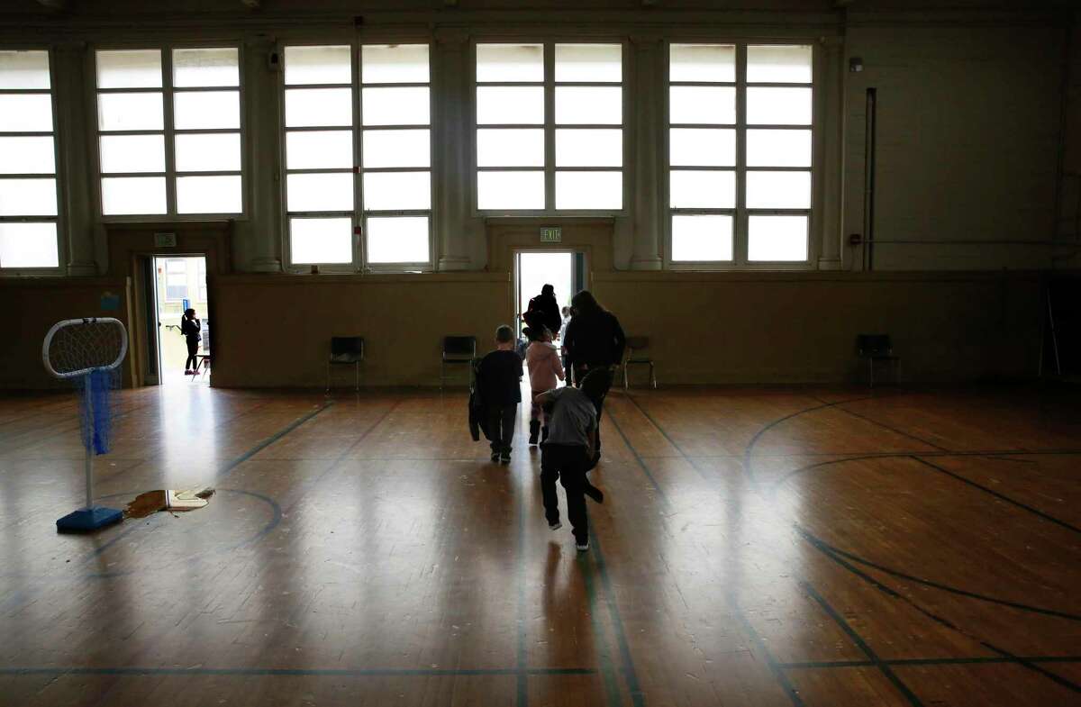 The gym at Buena Vista Horace Mann school in San Francisco, which turns into a family homeless shelter at night.
