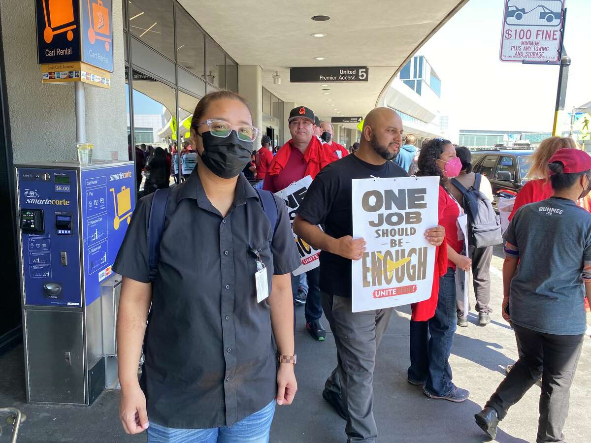 SFO workers protest for a new contract during a demonstration on Aug. 18, 2022. The airport's food service workers have been in negotiations with their employers for nine months. 