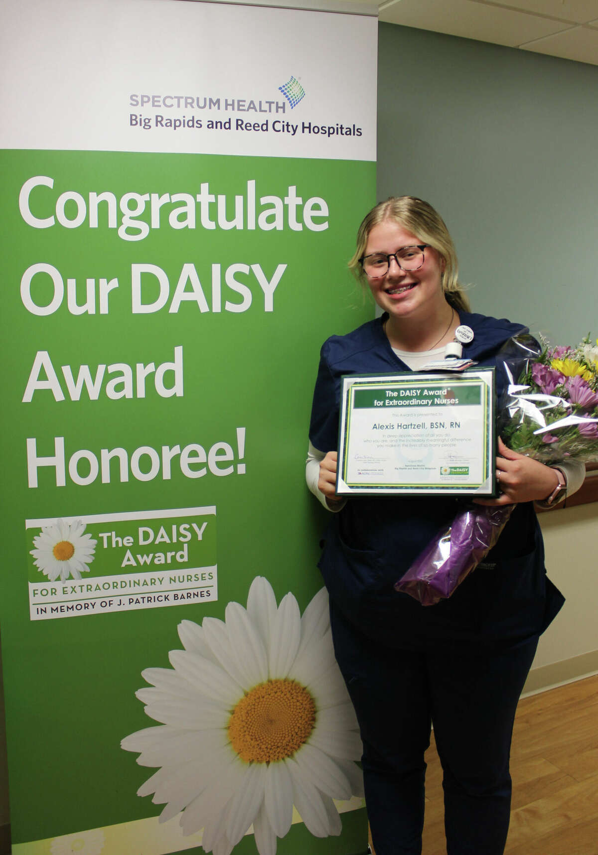 Alexis Hartzell, RN, was given a DAISY Award for the recent care she provided a patient in the intensive care unit at Big Rapids Hospital.