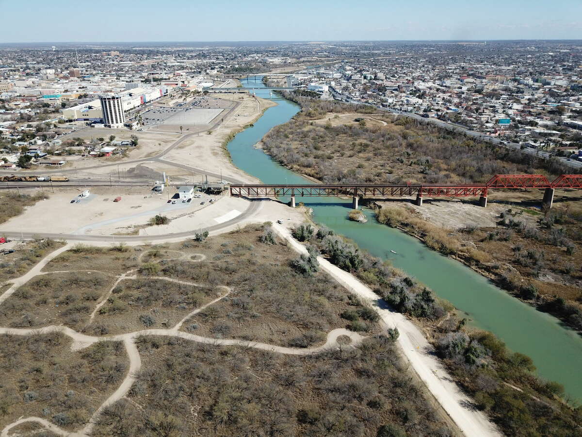 Drone photo over the Rio Grande, Laredo and Nuevo Laredo.