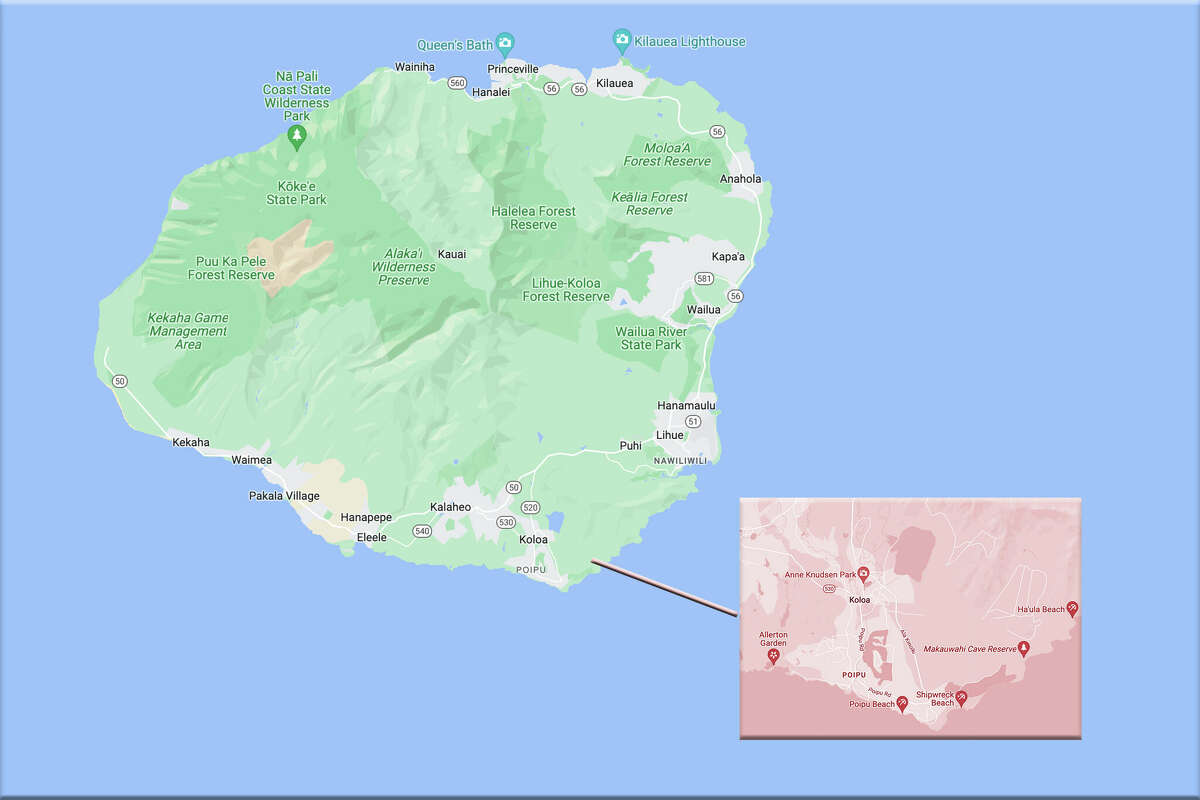 A map of the island of Kauai shows where Koloa is located on the island's south side.