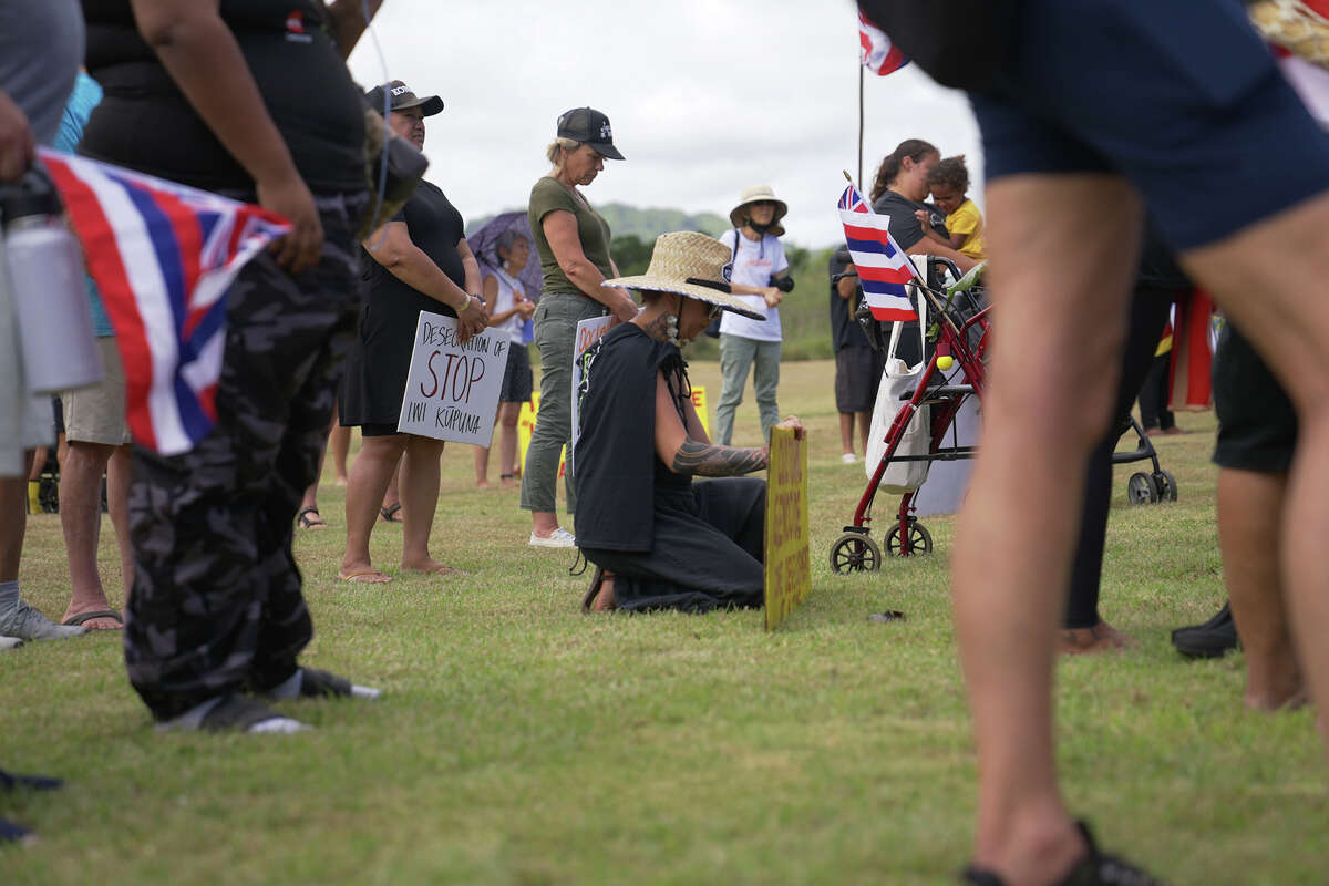 Participants of a Save Koloa march gathered to show their solidarity in opposing the Kauanoe o Koloa project.