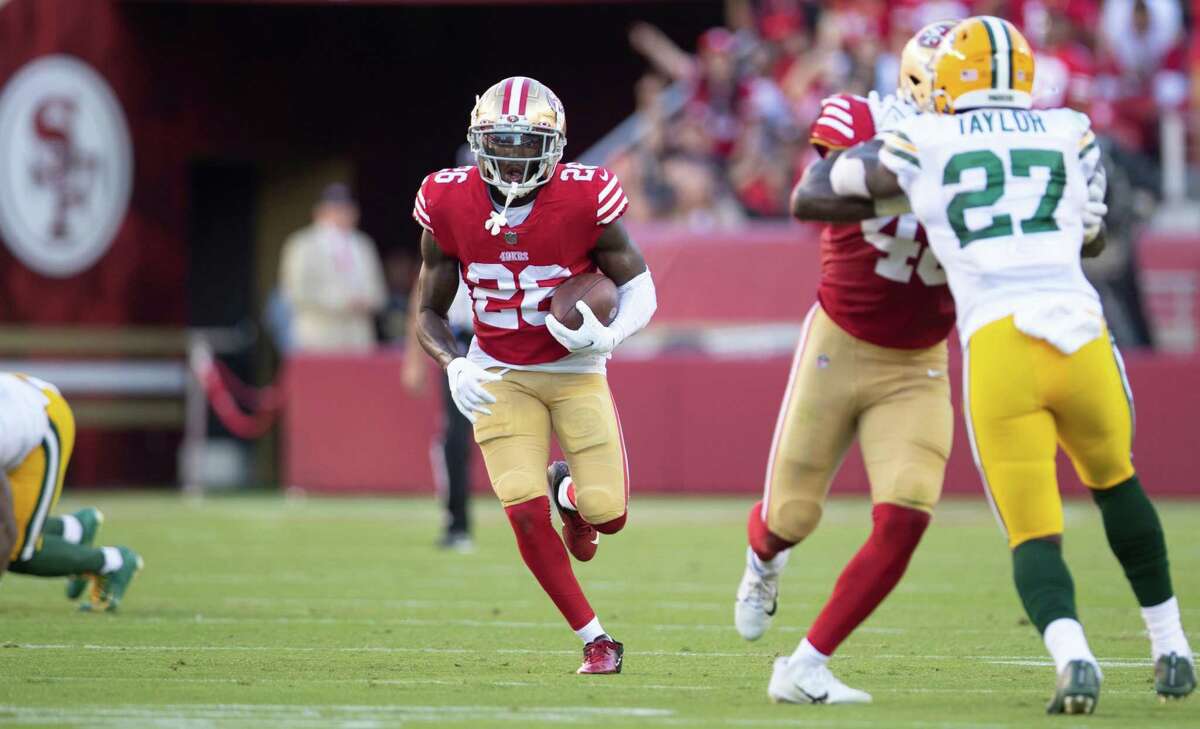 SANTA CLARA, CA - AUGUST 12: Samuel Womack III #26 of the San Francisco 49ers returns an interception during the game against the Green Bay Packers at Levi's Stadium on August 12, 2022 in Santa Clara, California. The 49ers defeated the Packers 28-21. (Photo by Michael Zagaris/San Francisco 49ers/Getty Images)