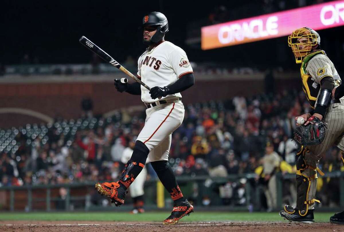 San Francisco Giants’ Heliot Ramos strikes out to end 4-2 loss to San Diego Padres in MLB game at Oracle Park in San Francisco, Calif, on Monday, April 11, 2022.