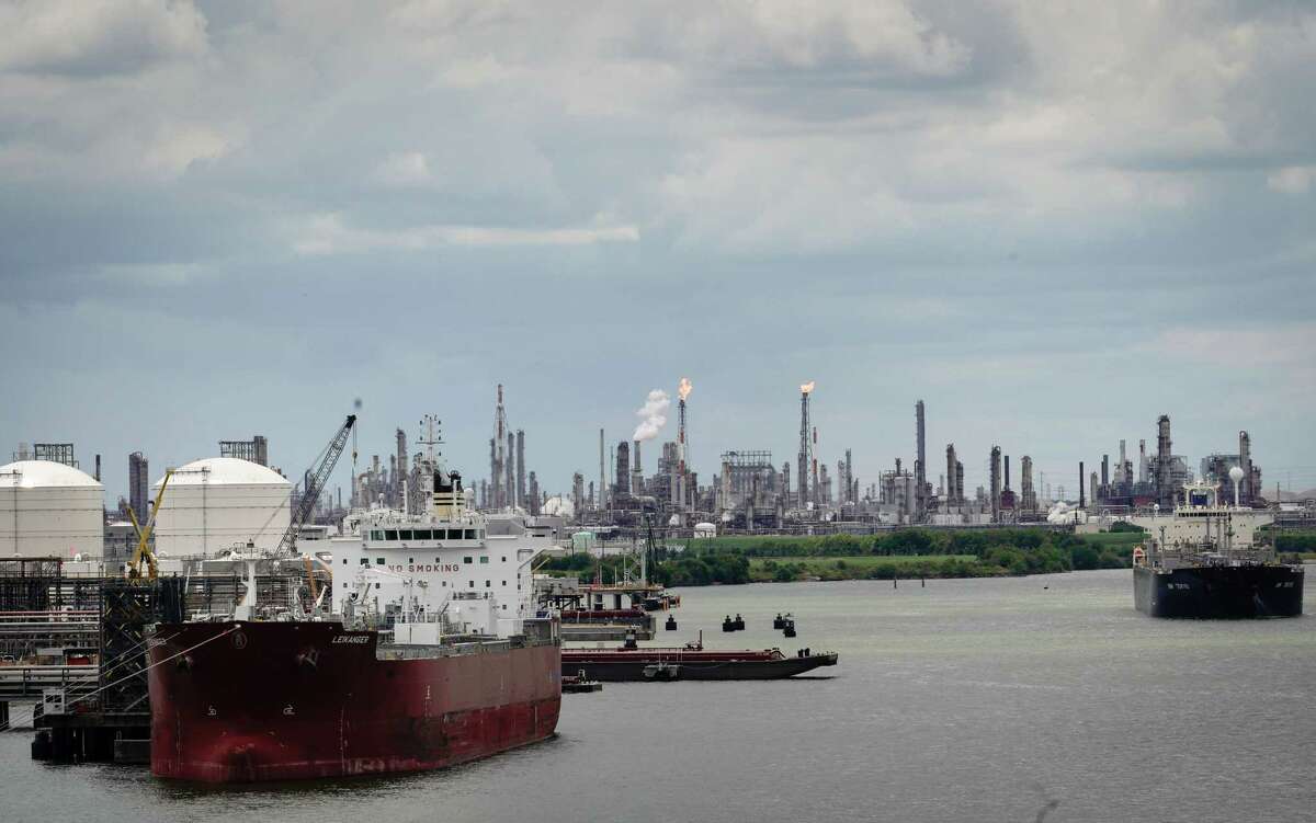 Ships sitting in the Houston Ship Channel, where much of the nation's fuel is produced.