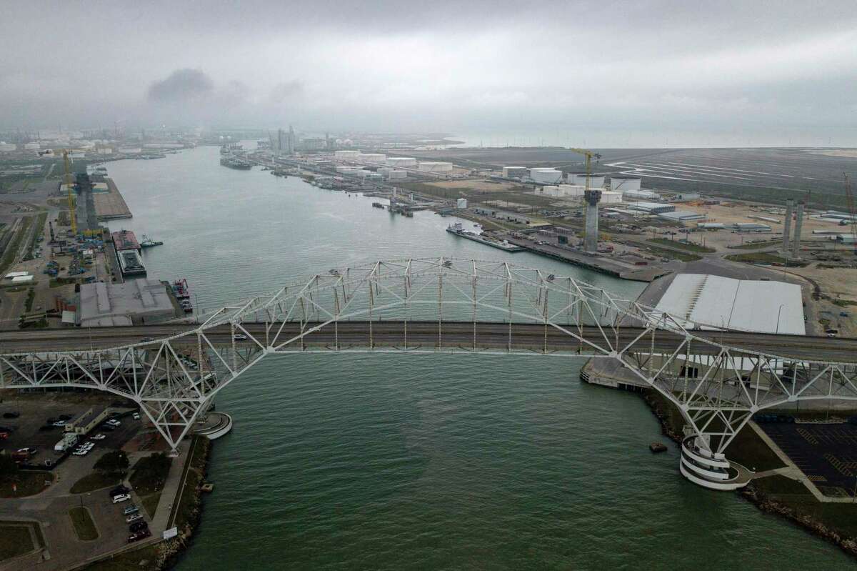 The Harbor Bridge, a 63-year-old span across the Corpus Christi Ship Channel, in 2020. Corpus Christi has become the largest energy exporter in the United States