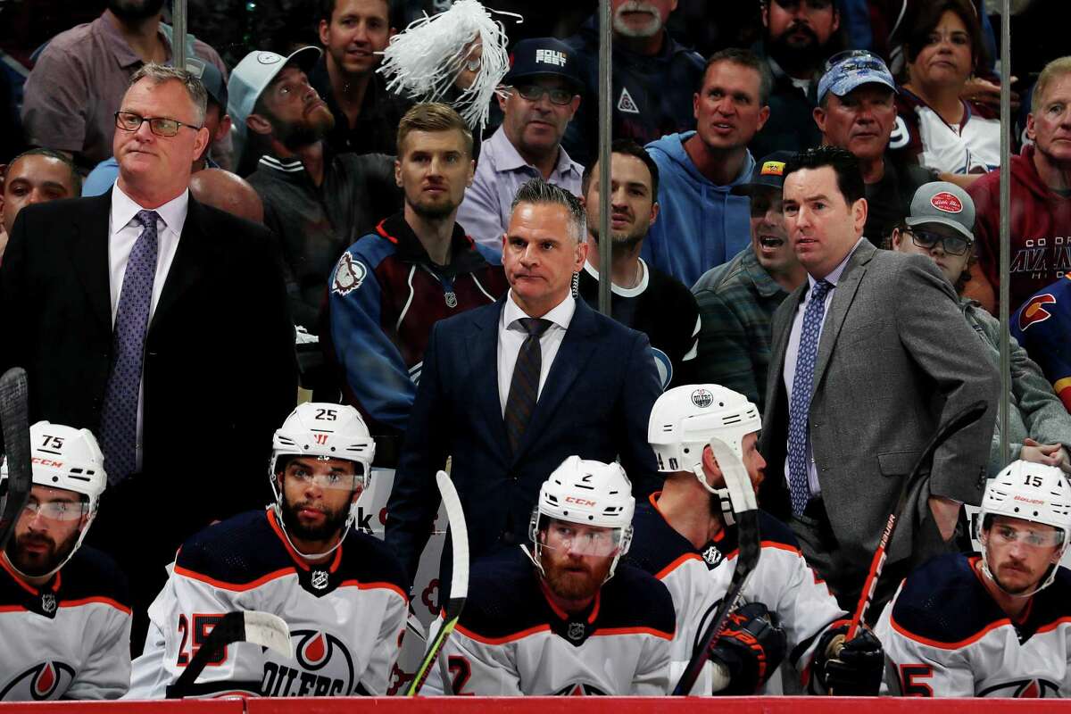 DENVER, COLORADO - JUNE 2: Assistant coaches Dave Manson and Brian Wiseman and head coach Jay Woodcroft of the Edmonton Oilers look on during the game against the Colorado Avalanche in Game Two of the Western Conference Final of the 2022 Stanley Cup Playoffs at Ball Arena on June 2, 2022 in Denver, Colorado. (Photo by Michael Martin/NHLI via Getty Images)